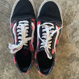 Vans Black and Red Women's Sneakers with hearts.
